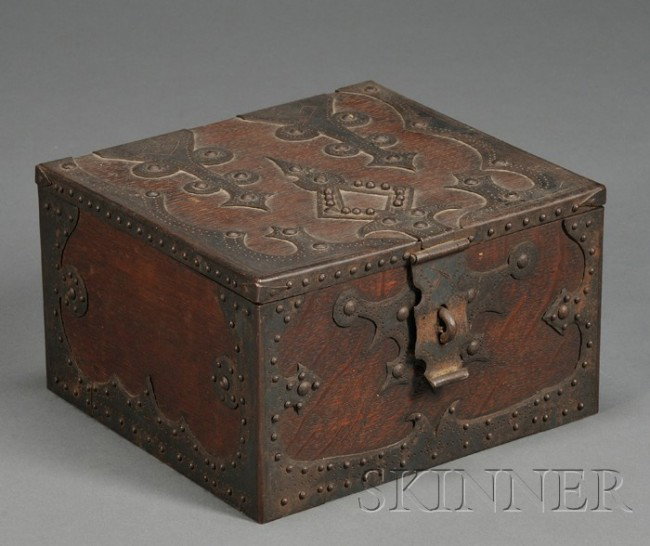 Arts & Crafts Decorated Box Iron and oak Purportedl: Arts & Crafts Decorated Box Iron and oak Purportedly made by Captain Fletcher Abbott, c. 1891 Tooled and riveted strapwork and mounts on lidded rectangular form, ht. 4 3/4, wd. 8, dp. 7 1/2 in. Notes: