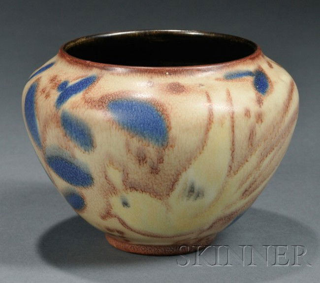 Rookwood Decorated Pottery Vase Possibly Jens Jense: Rookwood Decorated Pottery Vase Possibly Jens Jensen or W.E. Hentschel, Cincinnati, Ohio, 1935 Matte glaze, decorated with ivory birds and blue and brown branches, pottery and date mark and S for spec