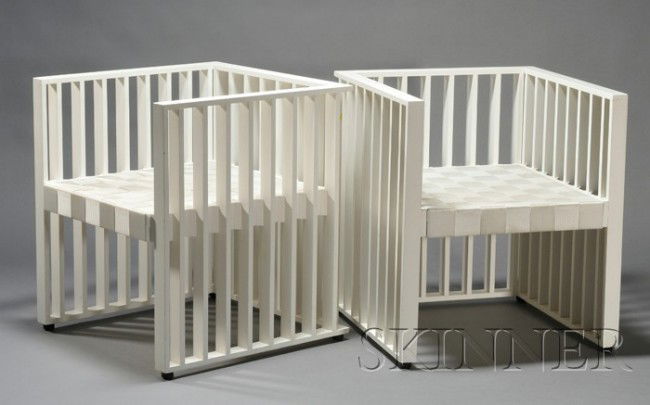 Two Josef Hoffman (1870-1956) Cubist Armchairs Pai: Two Josef Hoffman (1870-1956) Cubist Armchairs Painted wood and cloth webbing Manufactured by Wittmann, Austria, 20th century Cube form with even arm over seven vertical side slats and six back slats