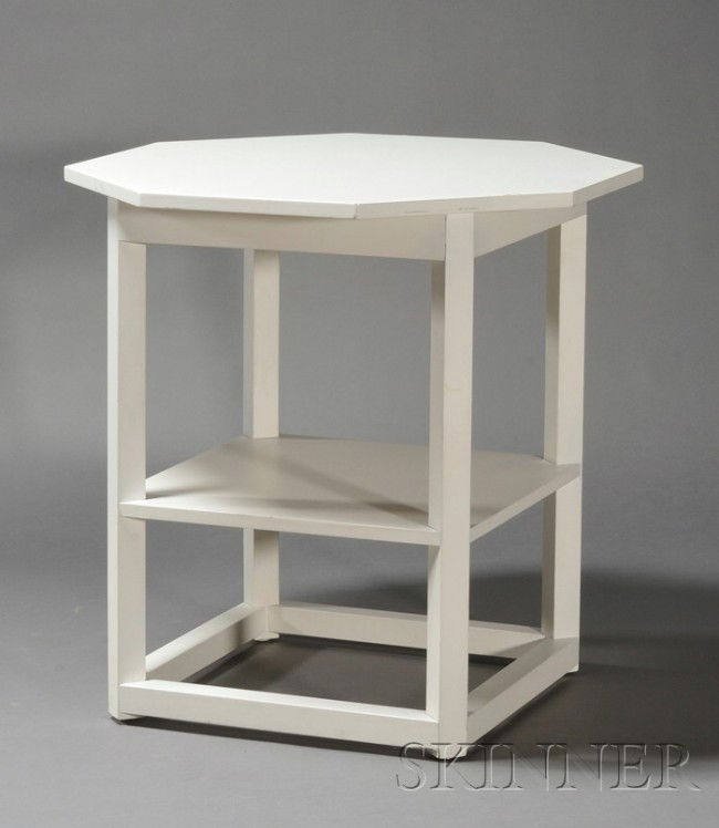 Josef Hoffman (1870-1956) Table Painted wood Manuf: Josef Hoffman (1870-1956) Table Painted wood Manufactured by Wittmann, Austria, 20th century Octagonal top over square lower shelf, four square leg supports joined by base stretchers, in white finish,