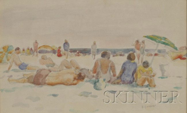 Bernard Gussow (American, 1881-1957) Figures at th: Bernard Gussow (American, 1881-1957) Figures at the Beach Signed "B. Gussow" l.r. Watercolor and graphite on paper, 7 3/4 x 12 1/4 in., framed. Condition: Not examined out of frame.