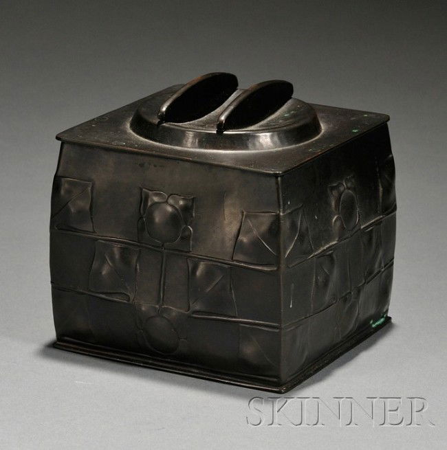 Arts & Crafts Tea Caddy in Archibald Knox Design M: Arts & Crafts Tea Caddy in Archibald Knox Design Metalwork Jenning Brothers, Bridgeport, Connecticut, c. 1920 Relief decorated with stylized trailing floral design marked JB 2765 on base, ht. 4 1/2, w