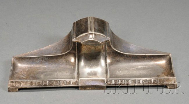 WMF Art Deco Inkstand Silver-plated metal Possibly: WMF Art Deco Inkstand Silver-plated metal Possibly Peter Behrens, Germany, early 20th century Ornamented with a band of small concentric squares incorporating a pen rest and inkwell with hinged cover,