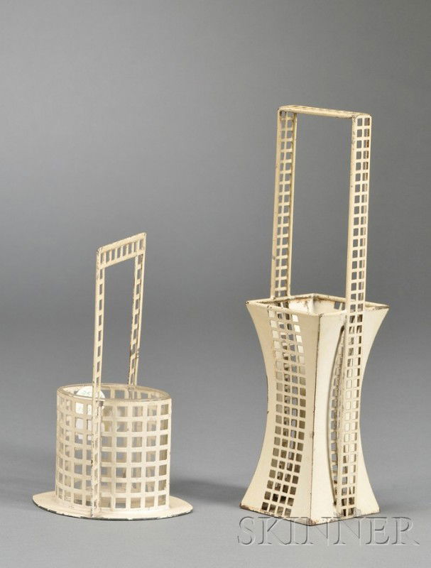 Design Attributed to Josef Hoffmann Painted metal: Design Attributed to Josef Hoffmann Painted metal and glass flower baskets Possibly Austria, c. 1905 Waisted square and elliptical baskets with reticulated grids, painted creamy white, the elliptical