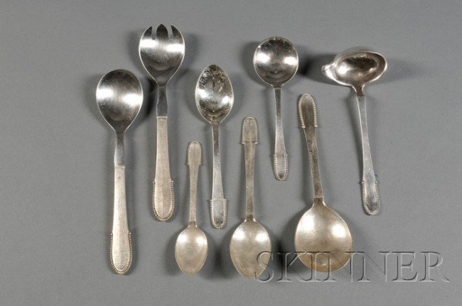 Georg Jensen Beaded Flatware and Serving Pieces St: Georg Jensen Beaded Flatware and Serving Pieces Sterling silver Georg Jensen design date 1916, Denmark, post 1945 Including nine knives, six dinner forks, four salad forks, four dessert forks, eight t