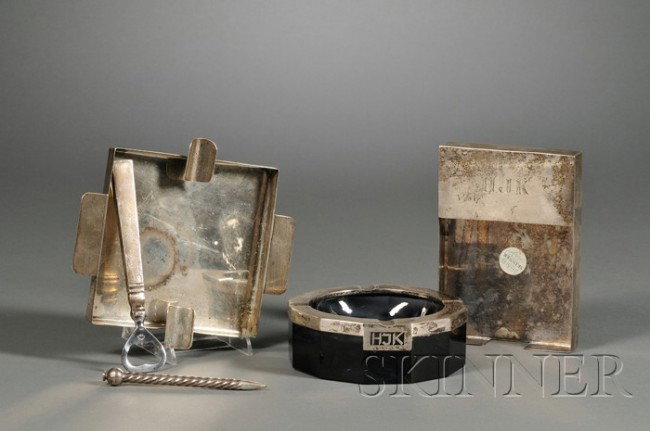 Five Silver Accessories Mid-20th century A Georg J: Five Silver Accessories Mid-20th century A Georg Jensen bottle opener in sterling and stainless steel; CKS Sterling square ashtray; Ortega Mexican silver notepad, monogrammed HJK; Towle sterling silve