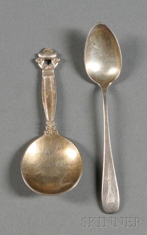 Arthur Stone and Georg Jensen Spoons Sterling silv: Arthur Stone and Georg Jensen Spoons Sterling silver 1912-37; 1910-25 Stone demitasse spoon executed by Charles Brown, lg. 5; Georg Jensen small round acorn spoon, hallmarked GI in a beaded oval, 4 in