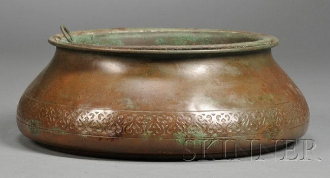 Tiffany Studios Planter Bronze verdigris New York,: Tiffany Studios Planter Bronze verdigris New York, early 20th century Round form with decorative border, monogram, metal insert, originally with a dore finish, minor dents, marked Tiffany Studios, New