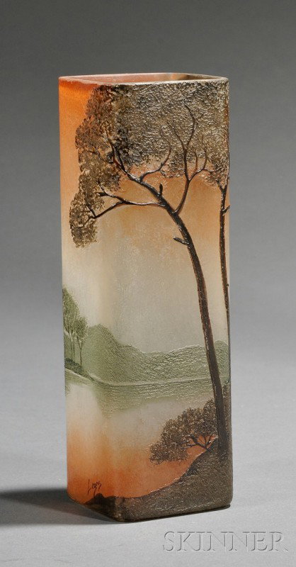 Legras Art Glass Vase Enamel and etched glass St. : Legras Art Glass Vase Enamel and etched glass St. Denis, France, late 19th /early 20th century Square form decorated in a landscape of trees with a mountain in the distance in soft peach, shades of gr