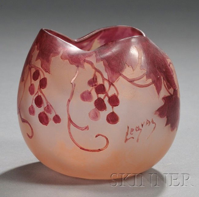 Legras Cameo Glass Rose Bowl Art glass St. Denis,: Legras Cameo Glass Rose Bowl Art glass St. Denis, France, early 20th century Pale rose frosted glass overlaid with dark rose acid-etched with pendant leaf and berry design, signed Legras on side, ht.