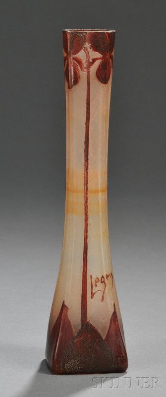 Legras Cameo Glass Bud Vase Art glass St. Denis, F: Legras Cameo Glass Bud Vase Art glass St. Denis, France, early 20th century Tapered square vase of frosted glass overlaid with dark rose, acid-etched with pendant leaf and berry design, signed Legras