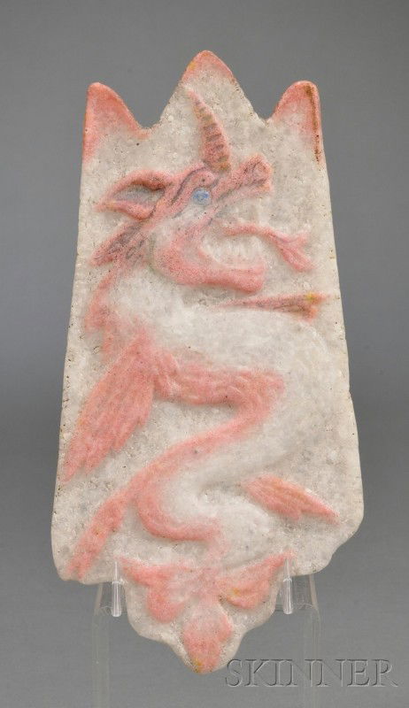 Plaque attributed to Henri Cros (1840 -1907) Pate: Plaque attributed to Henri Cros (1840 -1907) Pate de verre art glass France Figure of a dragon in pink on white ground with a blue eye, rectangular form with shaped edges, lg. 8 1/4 in.
