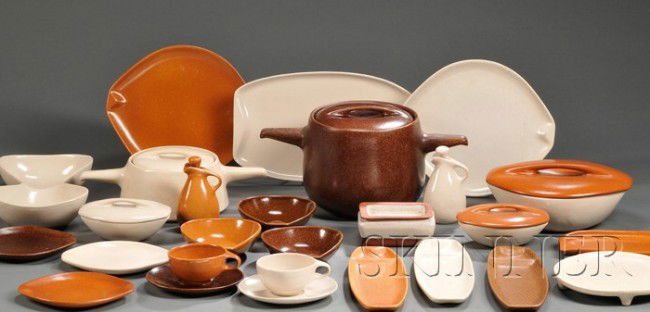 Raymor Dinnerware by Roseville Pottery Designed by: Raymor Dinnerware by Roseville Pottery Designed by Ben Seibel, Ohio, mid 20th century Comprised of six dinner plates, three white and three brown; twelve cups, six white, six brown; eight saucers, fiv