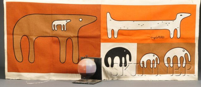Color Wheel and Angelo Testa Fabric Piece Metal; a: Color Wheel and Angelo Testa Fabric Piece Metal; and fabric Color wheel on platform, fabric depicting stylized animals in white on orange-brown ground outlined in black, color wheel ht. 7 1/4, fabric