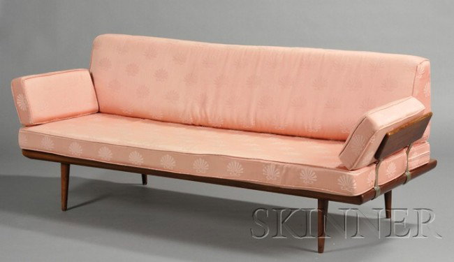 Hans Wegner Sofa Teak, upholstery, and metal Denma: Hans Wegner Sofa Teak, upholstery, and metal Denmark, c. 1955 Long rectangular teak back frame joined to the seat by two steel rods, slanted teak arm rest similarly joined to seat, tapered legs, repea