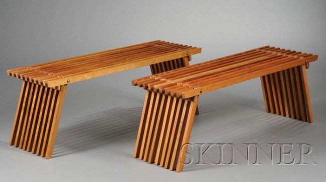 Two Folding Coffee Tables Hardwood and brass Possi: Two Folding Coffee Tables Hardwood and brass Possibly Scandinavian Composed of ten slats on rectangular top supported by nine slats at each end, ht. 17 1/4, wd. 48, dp. 16 in.