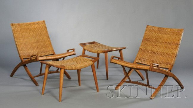 Two Hans Wegner Folding Chairs and Ottomans Oak an: Two Hans Wegner Folding Chairs and Ottomans Oak and cane Attributed to Johannes Hansen, Denmark, c. 1956 Oak frame with original caned seats, handholds to front of seat, ottomans with handholds, ottom