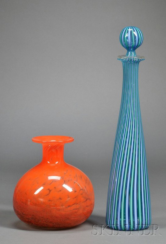Scandinavian Vase and Decanter Art glass Sweden, m: Scandinavian Vase and Decanter Art glass Sweden, mid-20th century Flared rim on vase with short neck and bulbous body in mottled orange and colorless glass, signed with numbers on polished pontil, par
