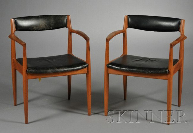 Pair of Illums Bolighus Armchairs Teak and leather: Pair of Illums Bolighus Armchairs Teak and leather Denmark, 1960s Black leather backrest and seat, some finish wear on leather and arms, metal Illums Bolighus tag on one, ht. 29 1/4, wd. 24, dp. 18 in