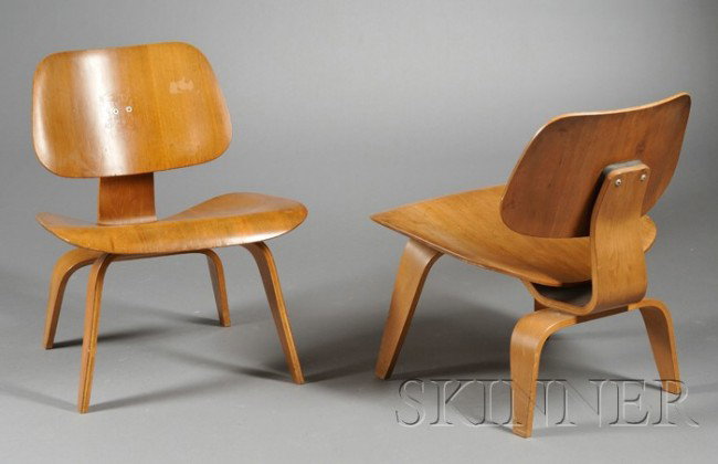 Pair of Charles Eames LCW Lounge Chairs Molded ply: Pair of Charles Eames LCW Lounge Chairs Molded plywood Evans Products, c. 1947, probably manufactured in Michigan Bentwood seat and back on curved legs, both with Evans Products label, one repaired, b