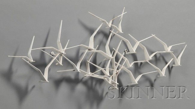 Flock of Seagulls Wall Sculpture Attributed to Cur: Flock of Seagulls Wall Sculpture Attributed to Curtis Jere Painted metal United States, late 20th century Composition of white-painted cut and molded sheet metal seagulls in flight, paint losses, ht.