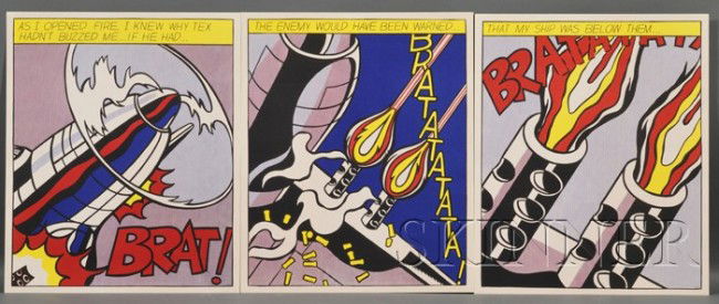 Roy Lichtenstein (American, 1923-1997) As I Opened: Roy Lichtenstein (American, 1923-1997) As I Opened Fire.../A Triptych, 1966, large open edition (Corlett, App. 5). Unsigned, identified in text on the reverse of each sheet. Offset