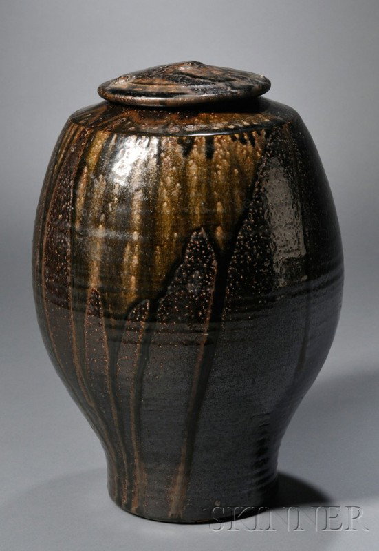 Robert Archambault Pottery Vessel Glazed stoneware: Robert Archambault Pottery Vessel Glazed stoneware Providence, Rhode Island, c. 1964, Vessel with sloped shoulder, bulbous body tapering to base, mottled dark brown dripped with dark brownish green gl
