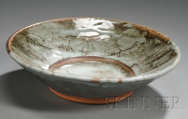 Robert Archambault Pottery Bowl Stoneware Providen: Robert Archambault Pottery Bowl Stoneware Providence, Rhode Island, c. 1964 Shallow bowl with molded window pane design at center, mottled brown drip glaze over celadon and gray glossy glaze, impresse