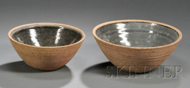 Two Bowls Attributed to Bernard Leach Studio potte: Two Bowls Attributed to Bernard Leach Studio pottery England, 20th century Deep round bowls, the interiors with mottled gray glaze, one with shallow rim chip, ht. 3 1/2, 3 3/4, dia. 8, 9 1/2 in. Prove