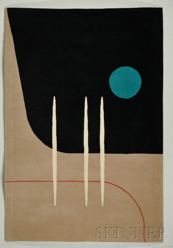 Herman Miller Area Rug, Meinceke Collection New Ze: Herman Miller Area Rug, Meinceke Collection New Zealand wool Copyright 1998, Mexico Rectangular with black ground with teal circle and opposing beige ground with cream lines and a red narrow line, sig