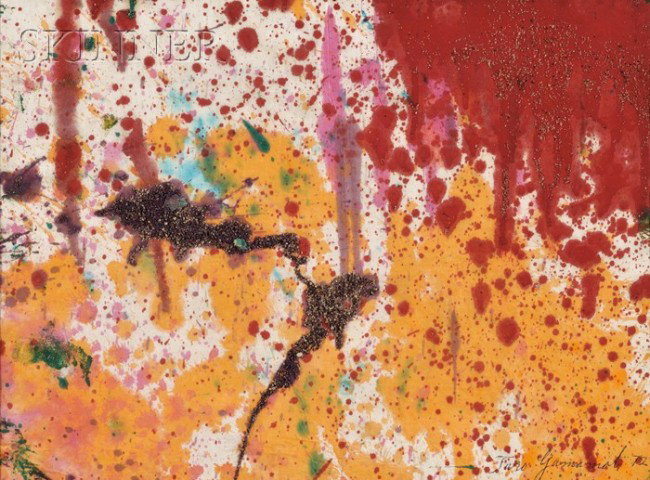 Taro Yamamoto (American, 1919-1994) Lot of Three A: Taro Yamamoto (American, 1919-1994) Lot of Three Abstract Compositions Two signed and dated "Taro Yamamoto 72" l.r., the third signed and dated "Taro Yamamoto 1972" l.r. Oil and coarse sand on paper, 