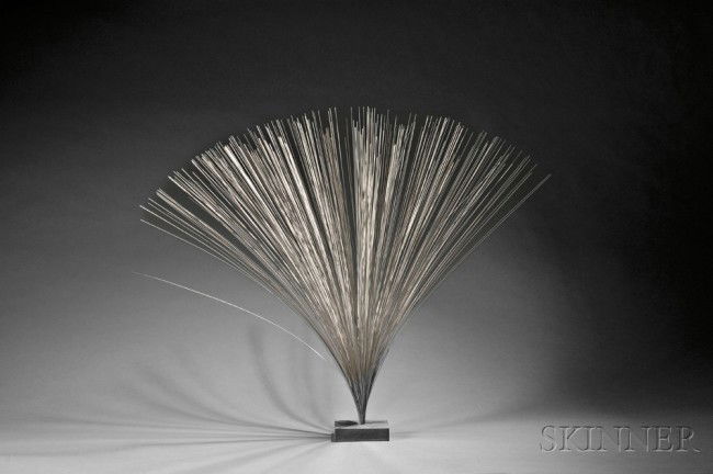 Spray Sculpture, Design Attributed to Harry Bertoi: Spray Sculpture, Design Attributed to Harry Bertoia Stainless steel and slate United States, c. 1970s Comprised of stainless steel rods slightly twisted where it is mounted into a slate base, approx.