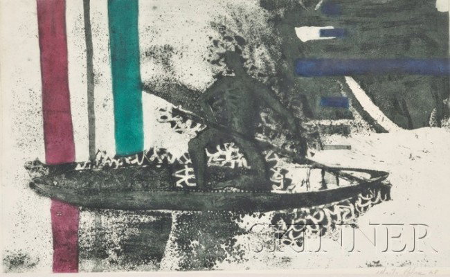 Marta Palau (Mexican, b. 1934) Canoa de un Reno Si: Marta Palau (Mexican, b. 1934) Canoa de un Reno Signed and dated "Marta Palau 68" l.r., titled on a label from Galeria Pecanns, Mexico D.F., affixed to the backing. Color etching, sight size 11