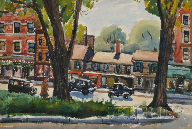 Hy Cohen (American, b. 1901) The Town Center Signe: Hy Cohen (American, b. 1901) The Town Center Signed "Hy Cohen" in ink l.r. Watercolor and graphite on paper, sight size 17 x 25 in., framed. Condition: Not examined out of frame.