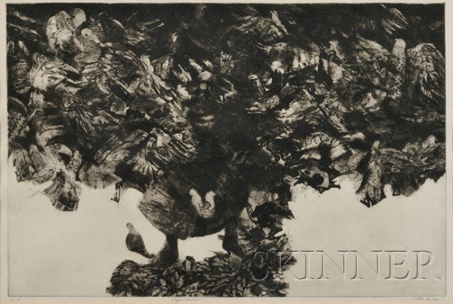 Gerson (Gus) August Leiber (American, b. 1921) Pig: Gerson (Gus) August Leiber (American, b. 1921) Pigeon Woman Signed and dated "Leiber '71, imp." in pencil l.r., titled l.c., numbered "2-35" l.l. Etching, sight size 20 1/2 x 30 1/4 in., framed