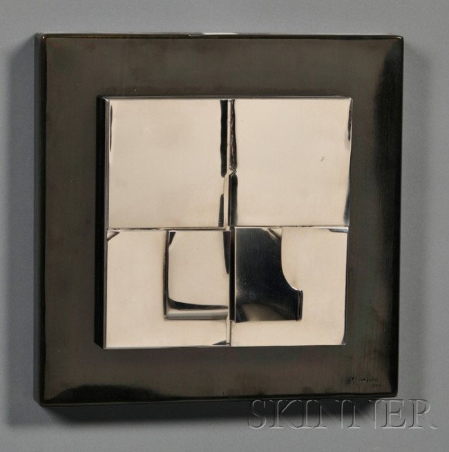 Francisco Farreras (Spanish, b. 1927) Estelas Init: Francisco Farreras (Spanish, b. 1927) Estelas Initialed, numbered and inscribed "f.f. 84/300 serie" l.r. Anodized and chromed steel, 11 3/4 x 11 3/4 x 2 in. Condition: Minor surface imperfections