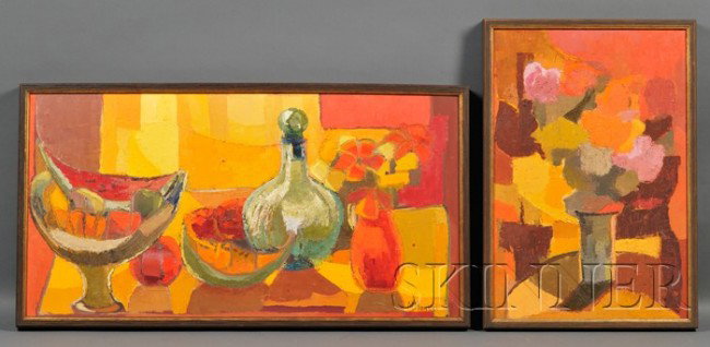 Latin American School, 20th Century Lot of Two Sti: Latin American School, 20th Century Lot of Two Still Lifes Each signed "M. MANUEL" l.r. Oil on Masonite, sizes to 18 1/2 x 35 1/2 in., both framed. Condition: Minor surface grime.