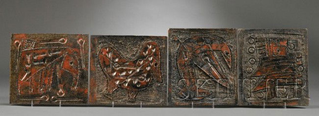 Four Bruno Capacci Decorated Tiles Raku ceramic Ea: Four Bruno Capacci Decorated Tiles Raku ceramic Each relief decorated and incised with stylized figures of a bird, an elephant, possibly a lion, and fish, raku fired clay with red glaze highlights, Ca