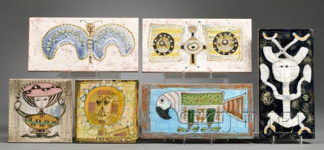 Six Bruno Capacci Decorated Tiles Polychrome deco: Six Bruno Capacci Decorated Tiles Polychrome decorated ceramic Italy All with highly stylized figures, including one with a bird, another a butterfly, and two 6 in. tiles marked DA SS on back, and inc