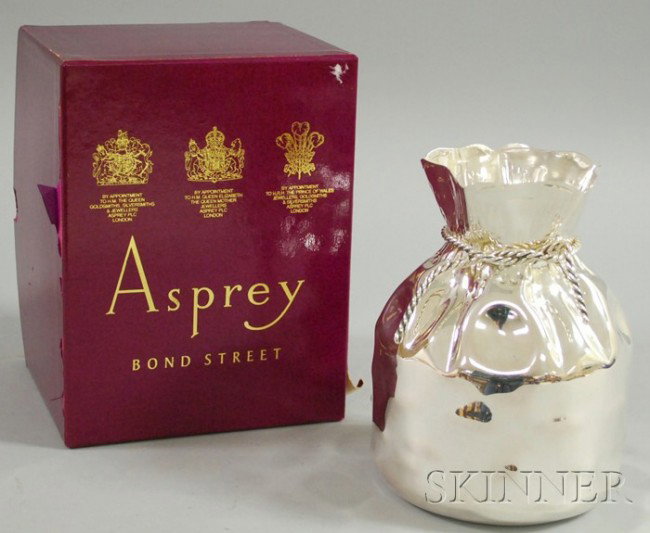 Almazon Silver-plated Vase, with rope decoration ar: Almazon Silver-plated Vase, with rope decoration around the neck of the vase, in Asprey box, ht. 7 in.