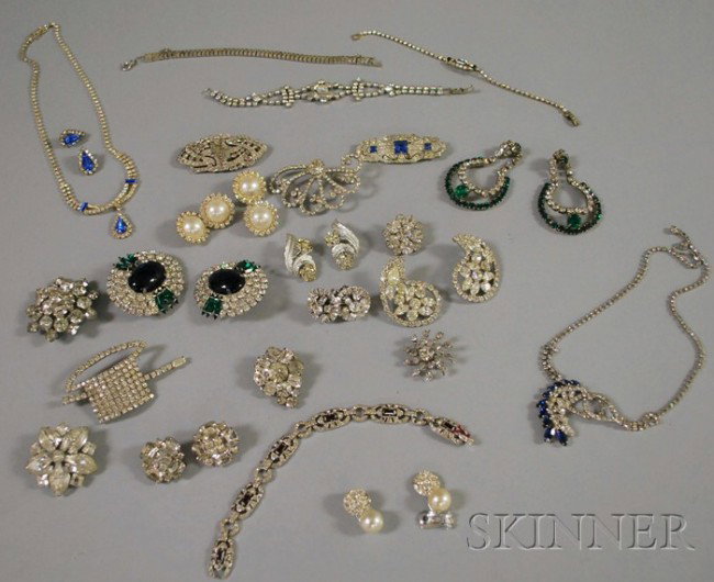 Group of Mostly Antique Rhinestone and Paste Jewel: Group of Mostly Antique Rhinestone and Paste Jewelry, including brooches, bracelets, and earrings.