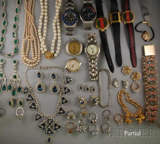 Group of Costume Jewelry and Wristwatches, includi: Group of Costume Jewelry and Wristwatches, including a Hobe paste necklace, a pair of Kramer paste earrings, several other paste and rhinestone pieces, faux pearls, signed pieces by Trifari, Coro, and