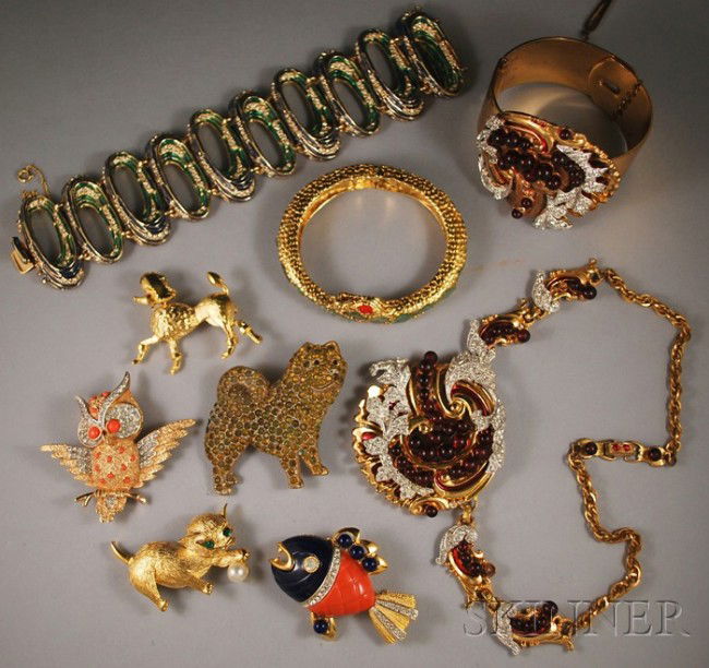 Small Group of Vintage Costume Jewelry, including: Small Group of Vintage Costume Jewelry, including a rhinestone and glass bracelet and necklace (missing stones), a Trifari coral and rhinestone owl brooch, a Hattie Carnegie fish brooch, a Pell kitten