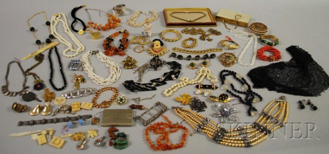 Large Lot of Costume Jewelry, including an Al Bere: Large Lot of Costume Jewelry, including an Al Beres bracelet, a green enamel and rhinestone Ciner bangle, some sterling silver pieces, faux pearls, beaded necklaces, vintage brooches, earrings, and ot