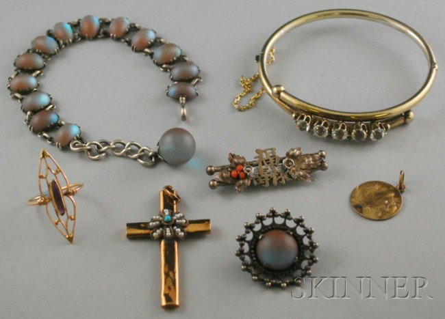 Group of Jewelry, including a gilt and paste bangl: Group of Jewelry, including a gilt and paste bangle, an amethyst ring, a seed pearl and turquoise-mounted cross, a glass bracelet and matching brooch, and other items.