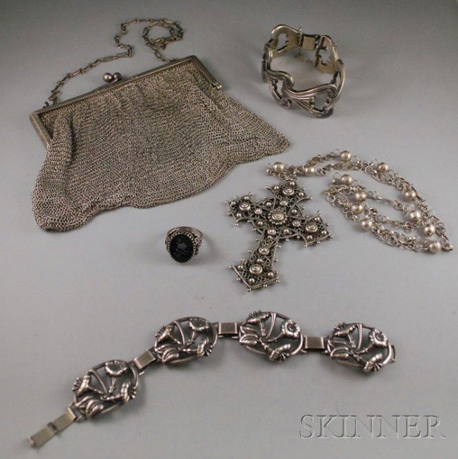 Five Sterling Silver Jewelry Items and Accessories: Five Sterling Silver Jewelry Items and Accessories, a vintage J. Flores Mexican bracelet, Taxco, a Danecraft botanical bracelet, an opal pietra dura-style ring, a large cross pendant, and a mesh purse