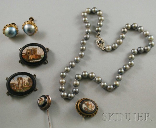 Small Group of Jewelry, a string of gray pearls wi: Small Group of Jewelry, a string of gray pearls with 18kt white gold gem-set clasp, a pair of gray mabe pearl earrings, and four micromosaic items, (some minor losses to micromosaics).