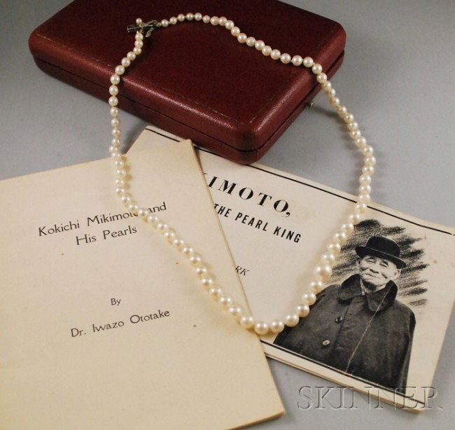Vintage Mikimoto Cultured Pearl Necklace, in origi: Vintage Mikimoto Cultured Pearl Necklace, in original box from Ginza Tokyo store, lg. 19 in., accompanied by two vintage Mikimoto booklets.