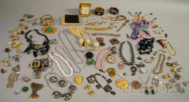 Large Lot of Costume Jewelry, including an Aristoc: Large Lot of Costume Jewelry, including an Aristocrat travel clock, some sterling silver pieces, gentleman's items, vintage brooches, some signed pieces from Coro, Trifari, and others, rhinestone and