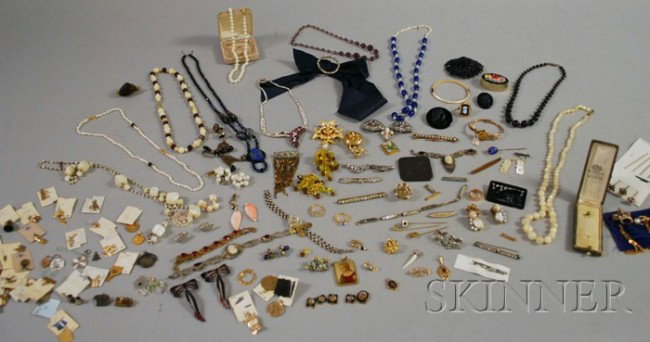 Large Group of Antique and Costume Jewelry, includ: Large Group of Antique and Costume Jewelry, including several small 14kt gold brooches, lockets, stickpins, several gold rings, a large number of charms, brooches, beaded necklaces, several mother-of-
